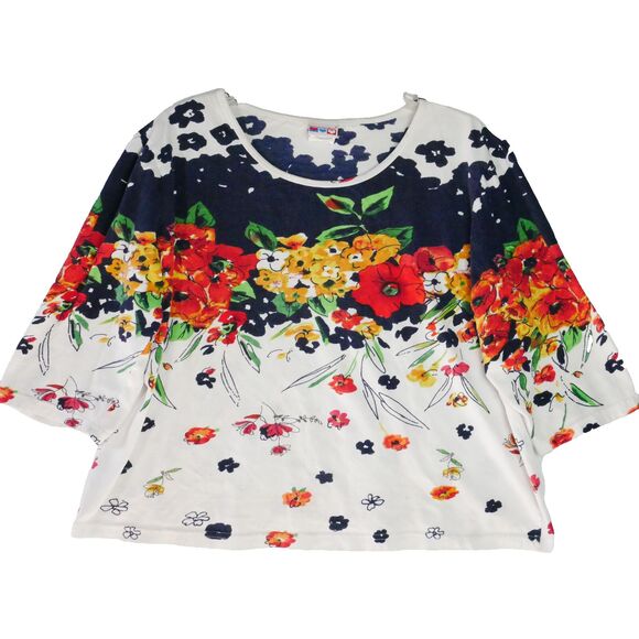American Sweetheart Size L 3/4 Sleeve Top Bright Floral Print on White - Picture 1 of 11